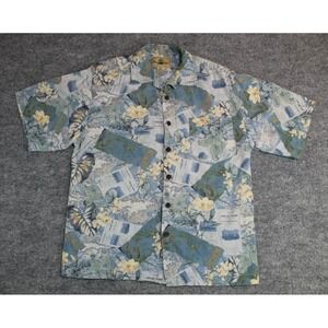 Seven Palm Mens M Hawaiian Silk Shirt Hibiscus Blue Yellow Floral Button Up EUC